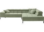 Ecksofa HOME AFFAIRE "Ancona New, wahlweise motorische Sitztiefenverstellung, auch in Cord", grün (oliv), B:321cm T:216cm, : 88% Polyester, 12% Polyacryl, Sofas, Ecksofa, feine Steppung, mit Kopfteilverstellung, 3 Zierkissen, L-Form
