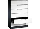 Karteikartenschrank, 3-bahnig DIN A5 quer, 6 Schübe mit Vollauszug & Bügelgriffen, Zentralverschluss, B 800 x T 435 x H 1298 mm, schwarzgrau/weiss