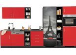 Küchenzeile KOCHSTATION "KS-Paris – Küchen mit einzigartigen Fotomotiven auf den Fronten", rot (küche: rot, front: rot, korpus: grafit, arbeitsplatte: anthrazit), B:350cm H:200cm T:60cm, Komplettküchen-Sets, Küchenzeile, Breite 350 cm, wahlweise mit E-Geräten und Induktion
