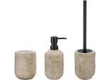 Badaccessoire-Set WENKO "Florio", beige, strukturiert, Keramik, Badaccessoires-Sets, bestehend aus Seifenspender, WC-Garnitur, Zahnputzbecher in Holz-Optik