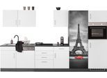 Küchenzeile KOCHSTATION "KS-Paris – Küchen mit einzigartigen Fotomotiven auf den Fronten", weiß (küche: weiß, front: weiß, korpus: grafit, arbeitsplatte: anthrazit), B:340cm H:200cm T:60cm, Komplettküchen-Sets, Küchenzeile, Breite 340 cm, wahlweise mit E-Geräten und Induktion