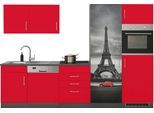 Küchenzeile KOCHSTATION "KS-Paris – Küchen mit einzigartigen Fotomotiven auf den Fronten", rot (küche: rot, front: rot, korpus: grafit, arbeitsplatte: anthrazit), B:290cm H:200cm T:60cm, Komplettküchen-Sets, Küchenzeile, Breite 290 cm, wahlweise mit E-Geräten und Induktion
