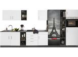 Küchenzeile KOCHSTATION "KS-Paris – Küchen mit einzigartigen Fotomotiven auf den Fronten", weiß (küche: weiß, front: weiß, korpus: grafit, arbeitsplatte: anthrazit), B:390cm H:200cm T:60cm, Komplettküchen-Sets, Küchenzeile, Breite 390 cm, wahlweise mit E-Geräten und Induktion
