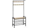 tectake® Garderobenständer, Industrial Style, mit Sitzfläche, 2 Gitterablagen und 9 abnehmbaren Haken, inklusive Kippschutz, 85,5 x 36 x 184 cm