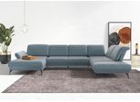 Wohnlandschaft SIT & MORE "Coco U-Form", blau (blau, grau), B:382cm H:88cm T:242cm, 100% Polyester, Sofas, Wohnlandschaft, Sitztiefen-, Arm- und Kopfteilverstellung, Cord-Bezug, Fußhöhe 15 cm