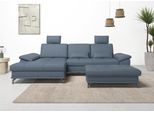 Ecksofa OTTO HOME "Costello L-Form, B: 301 cm mit Sitztiefen-, Armteilverstellung &", blau (graublau), B:301cm H:89cm T:176cm, Luxus-Microfaser (90% Polyester, 10% Polyamid);Samtoptik (100% Polyester), Sofas, Ecksofa, 3 Nierenkissen, optional Bettfunktion & Bettkasten