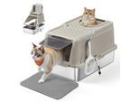 FEANDREA Edelstahl Katzentoilette XL mit Deckel 2 Eingängen beige