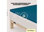 Spannbettlaken SCHLAFGUT "EASY Jersey Elasthan Topper", blau (petrol deep), 1 Stk., Jersey, 120-130x200-220 10cm, Jersey, Obermaterial: 95% Baumwolle, 5% Elasthan, Bettlaken, Spannbettlaken, MADE IN GREEN by OEKO-TEX