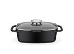 GSW Bräter, Schwarz, Metall, 6 l, rechteckig, 21x33 cm, ISO 9001, mit Dampfablass, backofengeeignet, mit Aromaknopf,hitzebeständige Griffe, backofengeeignet, kratzfest, rostfrei, antihaftbeschichtet, energiesparend, Deckel hitzebeständig, Thermoboden, mit Grillboden, schadstofffrei gemäß EU-Standards, Kochgeschirr, Töpfe, Bräter