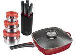 Pfannen-Set KING "Square", rot, Pfannen, Eckpfanne, Messerblock, 5 Kochmesser, 3tlg. Dosen-Set, Induktion