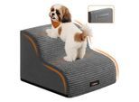 FEANDREA Hundetreppe, 2/3/4Stufen, Cord mit Querstreifen, wasserdicht, rutschfest, abnehmbarer waschbarer Bezug schiefergrau M