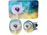 Badaccessoire-Set SANILO "Pusteblume", blau (blau, türkis), Polyester, Polyresin (Kunststein), Badaccessoires-Sets, bestehend aus WC-Sitz, Badteppich und Waschbeckenstöpsel
