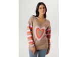 Strickpullover ANISTON SELECTED, Damen, Gr. 46, braun (braunbeige, orange, rosa), Strick, Obermaterial: 50% Viskose, 26% Polyamid, 24% Polyester, gemustert, hüftbedeckend, V-Ausschnitt, Pullover Strickpullover, mit eingestrickten Herzen - NEUE KOLLEKTION