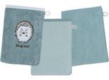 Waschhandschuh WÖRNER "Igel blau Waschhandschuh 3er Set", blau (blau,mint,eisblau), B:15cm L:21cm, Obermaterial: 100% Baumwolle, Handtücher, 1x mit süßer Igelstickerei, 2x unifarben