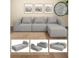 L-Sofa MCW-O54, Lounge-Couch mit Ottomane, erweiterbar modular rechts/links, Stoff/Textil 63x270x190cm ~ hellgrau