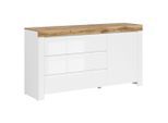 Kommode, Weiß, Eiche Wotan, Weiß Hochglanz, Kunststoff, 1 Fächer, 3 Schublade(n) Schubladen, 156x83.5x42 cm, Wohnzimmer, Kommoden & Sideboards, Kommoden