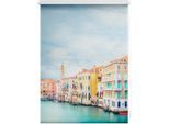 Seitenzugrollo LICHTBLICK ORIGINAL "Rollo Klemmfix, ohne Bohren, Verdunkelung, Venedig - Blau", blau (blau, weiß), B:150cm H:60cm, Polyester, Rollos, Seitenzugrollo