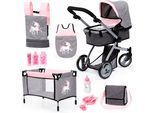 Puppenwagen BAYER "Mega grau/rosa", rosa (grau, rosa einhorn), Puppenwagen, KinderB:36cm H:72cm T:70cm, Kunststoff, Metall, Stoff, Puppenwagen, mit Reisebett, Schlafsack, Wickeltasche und Zubehör, B:36cm H:72cm T:70cm