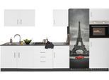 Küchenzeile KOCHSTATION "KS-Paris – Küchen mit einzigartigen Fotomotiven auf den Fronten", weiß (küche: weiß, front: weiß, korpus: grafit, arbeitsplatte: anthrazit), B:330cm H:200cm T:60cm, Komplettküchen-Sets, Küchenzeile, Breite 330 cm, wahlweise mit E-Geräten und Induktion