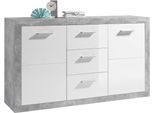 Sideboard HBZ "Stone weiß Hochglanz, Wohnzimmerschrank BxHxT 147x89x37 cm", grau (beton, weiß), B:147cm H:89cm T:37cm, Holzwerkstoff, Sideboards, Sideboard, Mit 2 Türen, 3 geräumigen Schubkästen, 2 Einlegeböden verstellbar