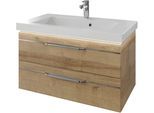Waschtisch SAPHIR "Serie Balto Mineralmarmor-Waschtisch mit Unterschrank, 92 cm breit", braun (riviera eiche quer nachbildung, chromeinlage, riviera eiche quer nachbildung), B:92cm H:55,6cm T:50,8cm, Waschtische, Waschtisch, Waschplatz mit 2 Schubladen, Badschrank in verschiedenen Ausführungen
