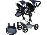 Puppen-Zwillingsbuggy BAYER "Twin Neo", schleife blau, weiß, Puppenwagen, KinderB:41,5cm H:81cm T:81,5cm, Kunststoff, Metall, Stoff, Puppen-Zwillingsbuggy, mit Wickeltasche, B:41,5cm H:81cm T:81,5cm