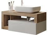 Waschtisch WELLTIME "Hamburg", braun (weiß, eiche cadiz nb, weiß), B:92cm H:61cm T:49cm, Waschtische, Waschtisch, 1 Schubkasten, Breite 92 cm, Soft-Close, inkl. Keramik-Aufsatzbecken