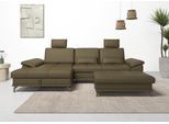 Ecksofa OTTO HOME "Costello L-Form, B: 301 cm mit Sitztiefen-, Armteilverstellung &", grün (olive), B:301cm H:89cm T:176cm, Luxus-Microfaser (90% Polyester, 10% Polyamid);Samtoptik (100% Polyester), Sofas, Ecksofa, 3 Nierenkissen, optional Bettfunktion & Bettkasten