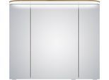 Spiegelschrank SAPHIR "Balto Sprint Badschrank mit LED-Lichtkranz, 85,2 cm breit, 3 Türen", braun (riviera eiche quer nachbildung), B:85,2cm H:72,3cm T:17cm, Holzwerkstoff, Schränke, Spiegelschrank, Schalter-/ Steckdosenkombination, inkl. Türdämpfer, 693LM, 12V LED