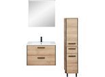 Badmöbel-Set SAPHIR "Quickset 395 3-teilig, Keramikwaschtisch mit LED-Spiegel", braun, Riviera Eiche quer Nachbildungmit schwarzem L-Profil vorne, Kastenmöbel-Sets, Badmöbel-Set, Midischrank, inkl. Türdämpfer, 2 Türen, 3 Schubladen, Bad-Set