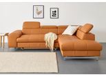 Ecksofa COTTA "Chef L-Form", orange (amber), B:257cm H:72cm T:206cm, Luxus-Microfaser (100% Polyester);Kunstleder Softlux;Leder Advantage (abgedecktes Spalt-Rindsleder), Rückseite mit schwarzem Spannstoff bezogen;NaturLEDER (echtes Rindsleder), Rückseite mit schwarzem Spannstoff bezogen, Sofas, Ecksofa, mit Kopfteilverstellung, edle Metallkufen, wahlweise mit Bettfunktion