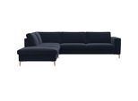 Ecksofa FLEXLUX "Fiore, Sitzaufbau mit hochwertigem Kaltschaum für mehr Sitzkomfort", blau (royal blau), B:273cm H:85cm T:225cm, 100% Polyester, Sofas, Ecksofa, breite Armlehnen, L-Form, Füße Alu/Eiche