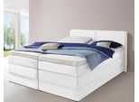 Boxspringbett HAPO, weiß (weiß, kunstleder), Liegefläche B/L: 180cm x 200cm, kein Härtegrad, 7-Zonen-Kaltschaummatratze, Kopfteil, seitliche Unterbox und Obermatratze sind mit pflegeleichtem Feinstrukturstoff in Leinenoptik (100% Polyester) oder Kunstleder bezogen;Die Oberseite der Unterfederung und die Ober- und Unterseite der Obermatratze sind jeweils mit einem rutschhemmenden Stoff aus 100% Pol