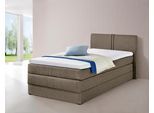 Boxspringbett HAPO, braun (hellbraun, strukturstoff), Liegefläche B/L: 100cm x 200cm, kein Härtegrad, 7-Zonen-Tonnentaschen-Federkernmatratze, Kopfteil, seitliche Unterbox und Obermatratze sind mit pflegeleichtem Feinstrukturstoff in Leinenoptik (100% Polyester) oder Kunstleder bezogen;Die Oberseite der Unterfederung und die Ober- und Unterseite der Obermatratze sind jeweils mit einem rutschhemmen