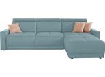 Ecksofa DOMO COLLECTION "Ava mit moderner Sitzheftung & toller Doppelnaht, komfortabel, L-Form", blau (aqua), B:262cm H:84cm T:167cm, Kunstleder SOFTLUX;Struktur fein (100% Polyester);Zierkissen: Microfaser PRIMABELLE (100% Polyester);Struktur (100% Polyester);Microfaser PRIMABELLE (100% Polyester), Sofas, Ecksofa, mit Recamiere, inkl. Federkern, wahlweise mit Kopfteilverstellungen
