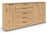 Schubkastenkommode RAUCH "Kommode Türkommode Sideboard Kombikommode FLIPP", braun (eiche artisan), B:200cm H:100cm T:42cm, Holzwerkstoff, Sideboards, Schubkastenkommode, 3-türig mit 5 Schubladen und Soft-Close-Funktion