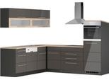Winkelküche KOCHSTATION "KS-Wien", grau (küche: grau, front: hochglanz grau, korpus: grafit, arbeitsplatte: eiche sonoma), B:220cm H:200cm T:250cm, Komplettküchen-Sets, Winkelküche, Stellbreite 220 x 250 cm, wahlweise mit E-Geräten