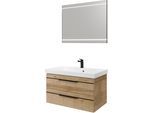 Badmöbel-Set SAPHIR "Balto 2-teilig Mineralmarmor-Waschtisch mit LED-Spiegel, Waschplatz", braun (riviera eiche quer nachbildung mit schwarzer einlage), B:92cm H:200cm T:50,8cm, Holzwerkstoff, Kastenmöbel-Sets, Badmöbel-Set, 92 cm breit, mit 2 Schubladen, Badschrank inkl. Schubladendämpfer