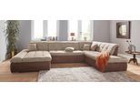 Wohnlandschaft DOMO COLLECTION "PB MORIC wahlweise mit Bettfunktion und Armteilverstellung U-Form", braun (braun, braun, beige, beige), B:353cm H:80cm T:95cm, Zierkissen: Struktur (90% Polyester, 10% Polyacryl);Microfaser PRIMABELLE (100% Polyester) / Struktur (90% Polyester, 10% Polyacryl);Kunstleder SOFTLUX / Struktur (90% Polyester, 10% Polyacryl), Sofas, Wohnlandschaft, XXL-Format B/T/H: 353/2