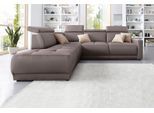 Ecksofa DOMO COLLECTION "Ava, moderne Sitzheftung mit toller Doppelnaht, komfortabel, L-Form", braun (schlamm), B:266cm H:84cm T:99cm, Kunstleder SOFTLUX;Struktur fein (100% Polyester);Zierkissen: Microfaser PRIMABELLE (100% Polyester);Struktur (100% Polyester);Microfaser PRIMABELLE (100% Polyester), Sofas, Ecksofa, mit Ottomane, inkl. Federkern, wahlweise mit Kopfteilverstellungen