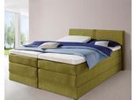 Boxspringbett HAPO, grün (grün, strukturstoff), Liegefläche B/L: 180cm x 200cm, kein Härtegrad, Bonnell-Federkernmatratze, Kopfteil, seitliche Unterbox und Obermatratze sind mit pflegeleichtem Feinstrukturstoff in Leinenoptik (100% Polyester) oder Kunstleder bezogen;Die Oberseite der Unterfederung und die Ober- und Unterseite der Obermatratze sind jeweils mit einem rutschhemmenden Stoff aus 100% P