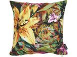 Dekokissen DONE. "Velour Print Yellow Lily", bunt (bunt, bedruckt), B:65cm L:65cm, Polyester, Dekokissen_Sitzkissen_Kissenhüllen, Dekokissen, Beidseitig bedruckte Kissenhüle ohne Füllung, 1 Stück