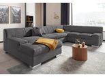 Wohnlandschaft DOMO COLLECTION "Bero, elegant und zeitlos, flache Armlehnen, Breite 328cm, U-Form", schwarz (pepper), B:328cm H:74cm T:212cm, Feinstruktur (100% Polyester);Luxus-Microfaser (100% Polyester);Zierkissen: Im jeweiligen Bezugsstoff;Struktur fein (100% Polyester), Sofas, Wohnlandschaft, fester Sitzkomfort, wahlweise mit Bettfunktion