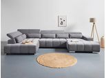 Wohnlandschaft COTTA "Orion U-Form", grau (stone), B:409cm H:73cm T:225cm, 90% Polyester, 10% Polyamid, Sofas, Wohnlandschaft, mit Kopfteilverstellung & 6 Nierenkissen