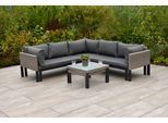 Garten-Essgruppe MERXX "Amantea", beige (steinbeige, grau, grafit, natur), Polyester, ausziehbar, Aluminium, Kunststoff, Polyester, Sitzmöbel-Sets, Garten-Essgruppe, Eckbank, inkl. Sitz-und Rückenkissen, 2 Tische