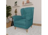 Ohrensessel HOME AFFAIRE "OSTIANO B/T/H: 80/82/98 cm, Sessel", blau (türkis), B:80cm H:98cm T:82cm, 92% Polyester, 8% Nylon, Sessel, Ohrensessel, Einzelstück, dicke geschwungene Armlehnen, uni und kariert