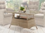 Gartentisch DESTINY "MERANO", braun (pearl shell, klarglas), B:120cm H:66cm T:77cm, Polyrattan Geflecht, Tische, Gartentisch, (120x66x77cm), Aluminium, Polyrattan