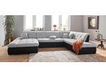 Wohnlandschaft DOMO COLLECTION "PB MORIC wahlweise mit Bettfunktion und Armteilverstellung U-Form", silber (schwarz, silber), B:353cm H:80cm T:95cm, Zierkissen: Struktur (90% Polyester, 10% Polyacryl);Microfaser PRIMABELLE (100% Polyester) / Struktur (90% Polyester, 10% Polyacryl);Kunstleder SOFTLUX / Struktur (90% Polyester, 10% Polyacryl), Sofas, Wohnlandschaft, XXL-Format B/T/H: 353/216/80 cm,