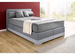 Boxspringbett MAINTAL "Lago", grau (steinfarben, dunkelgrau), B:147cm L:210cm, Bezug Kopteil und seitliche Unterbox wahlweise Microvelours aus 100% Polyester oder Kunstleder;DIe Obermatratze ist bei beiden Bezugsqualitäten mit Microfaser (100% Polyester) bezogen, Unterseite 100% Baumwolle;Das Kopfteil ist bei Microvelours an den Ecken abgerundet, bei Kunstleder gerade;Bezug der Oberseite aus strap