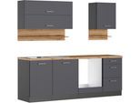 Küchenzeile KOCHSTATION "KS-Milan", grau (küche: grau, front: anthrazit, korpus: grafitgrau, arbeitsplatte: wotaneiche), B:220cm H:200cm T:60cm, Komplettküchen-Sets, Küchenzeile, 220 cm breit, robuste Metallauszüge, viel Stauraum